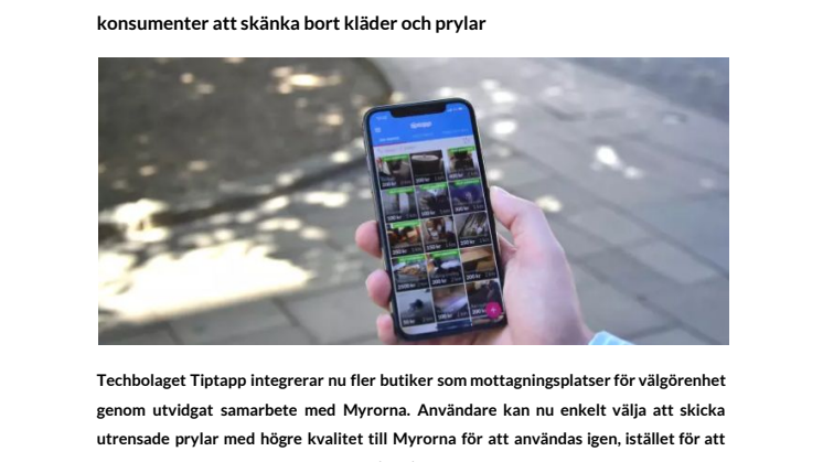 Tiptapp utökar samarbete med Myrorna för att göra det enklare för konsumenter att skänka bort kläder och prylar