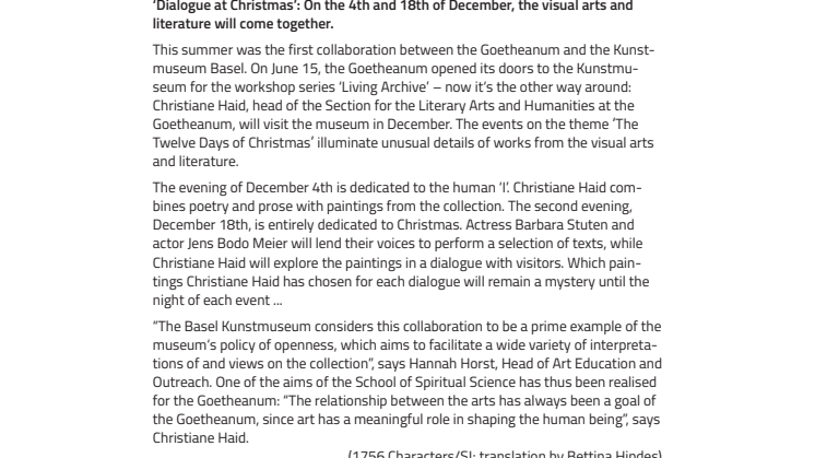 Paintings and Literature in Dialogue during the Christmas. ​The Goetheanum will be a guest at the Kunstmuseum Basel in December