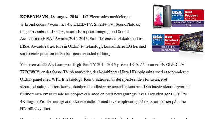 LG’s OLED-TV roses af EISA for tredje år i træk, og LG G3 udpeges til ”ADVANCED SMARTPHONE” 2014-2015