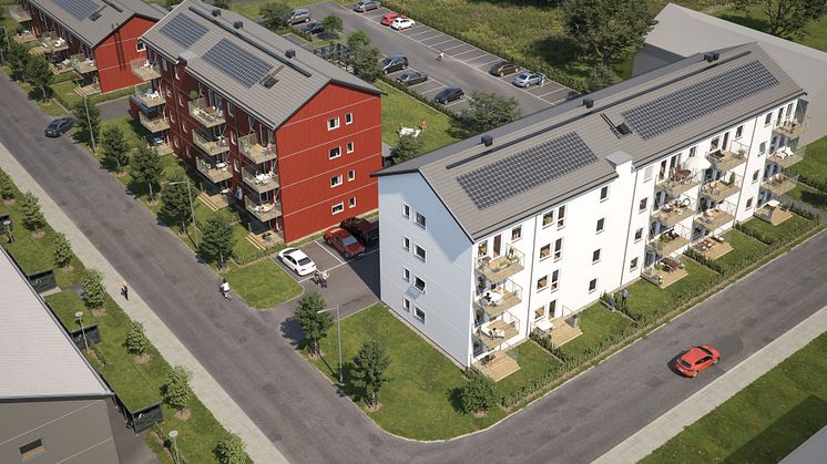 Översiktsillustration av husen i det nya kvarteret BoKlok Orangeriet i Vänersborg. 
