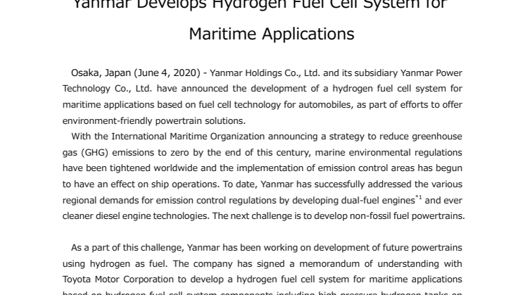 Yanmar Develops Hydrogen Fuel Cell System for Maritime Applications