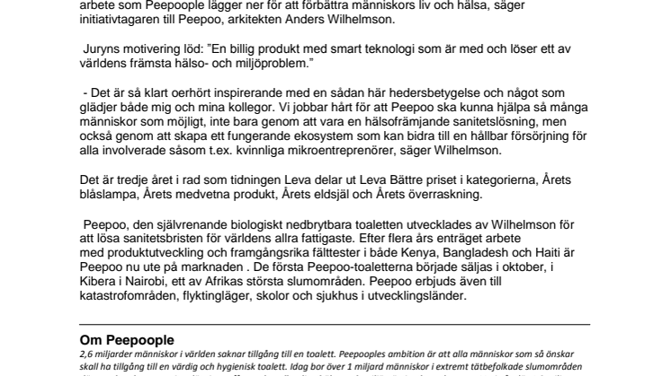 Peepoo utsedd till årets medvetna produkt