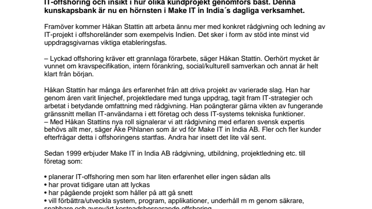 Håkan Stattin Senior Advisor hos Make IT in India AB