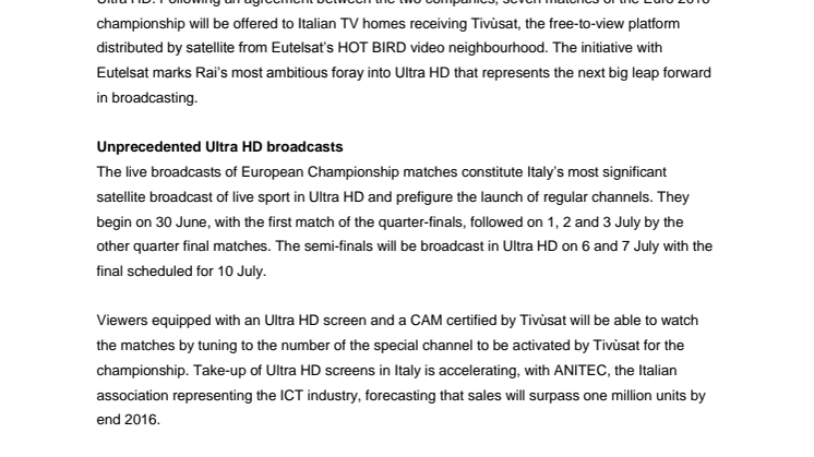 Rai and Eutelsat team up in Italy for record number of live Ultra HD broadcasts of Euro 2016 matches 