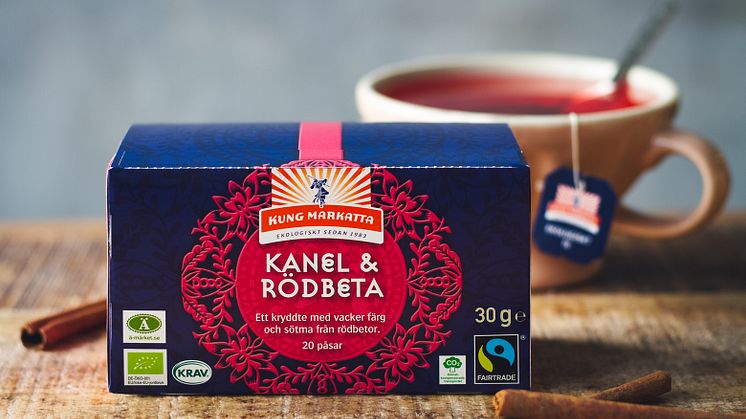 Nyhet! Kung Markatta Kanel & Rödbeta är ett ekologiskt kryddte med en god och unik smak i tehyllan. Teet är märkt med KRAV, Fairtrade, Ä-märket och Klimatkompenserade transporter.