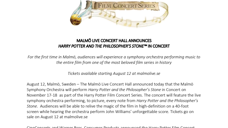 Malmö Live Konserthus och Malmö SymfoniOrkester presenterar:  Harry Potter och De vises sten™ – In Concert 
