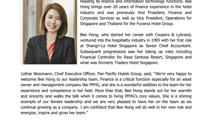 Pan Pacific Hotels Group appoints Senior Vice-President for Finance
