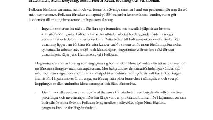 Folksam blir ny medlem i Hagainitiativet