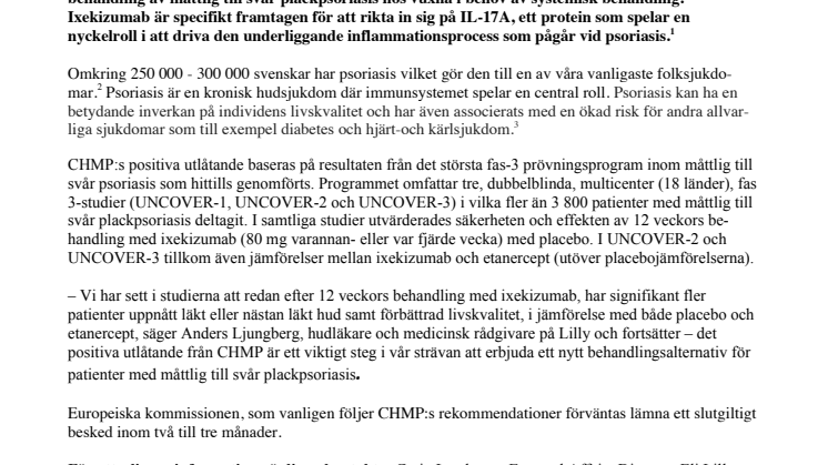 Positivt CHMP-utlåtande för ixekizumab för behandling av måttlig till svår plackpsoriasis