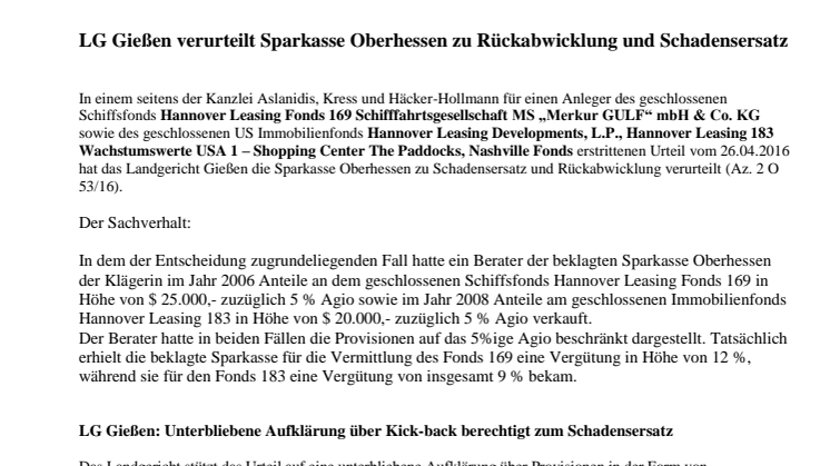 Rechtsanwälte Aslanidis, Kress und Häcker-Hollmann erstreiten positives Urteil gegen Sparkasse Oberhessen
