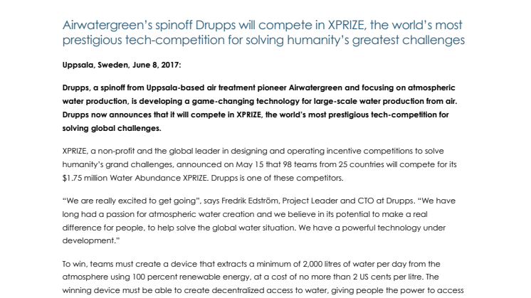 Airwatergreen’s spinoff Drupps will compete in XPRIZE, the world’s most prestigious tech-competition for solving humanity’s greatest challenges