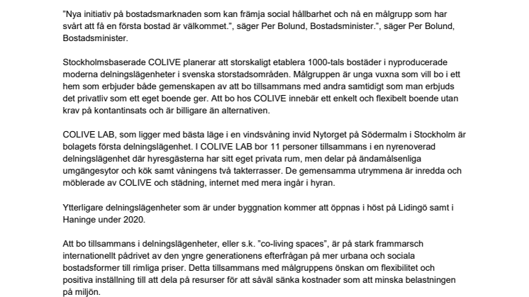 BOSTADSMINISTER PER BOLUND INVIGER COLIVE LAB