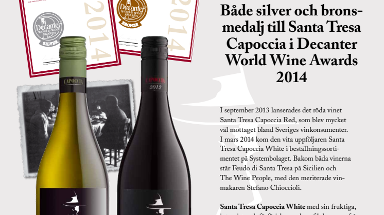 Både silver och bronsmedalj till Santa Tresa Capoccia i Decanter World Wine Awards 2014