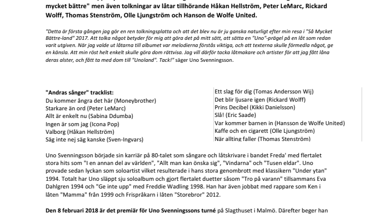 ​Uno Svenningsson släpper albumet "Andras sånger" idag 2 februari 