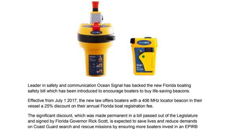 Ocean Signal Backs Florida Boating Safety Bill and Calls for Similar Initiatives Worldwide to Encourage Beacon Use