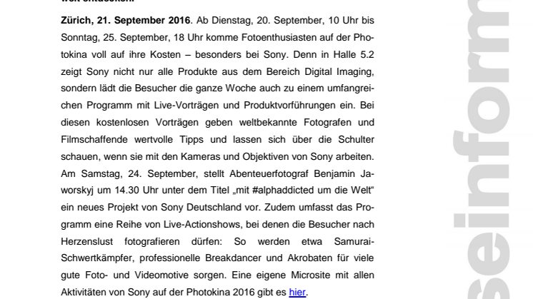 ​Photokina 2016: neues aus der Digital Imaging Welt von Sony