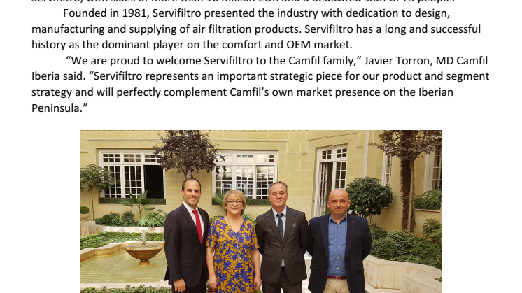 Camfil expands market leading position on the Iberian Peninsula through acquisition of Servifiltro