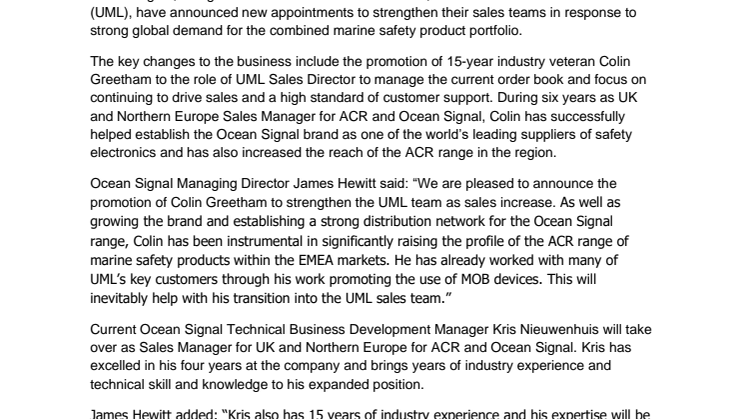 Ocean Signal and UML Strengthen Sales Teams with Key Appointments