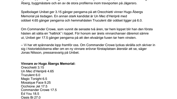 Orecchietti travar hem Hugo Åbergs Memorial enligt oddsen