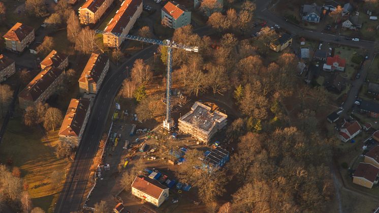 Vy över Kärnhems projekt Brf Vattentornet i Växjö, stadens nya landmärke och högsta bostadshus. Inflyttning våren 2018. 
