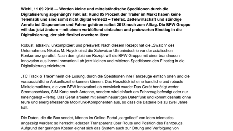 Track & Trace verblüffend einfach und preiswert: BPW erleichtert Speditionen mit Minitelematik jetzt den Einstieg in die Digitalisierung