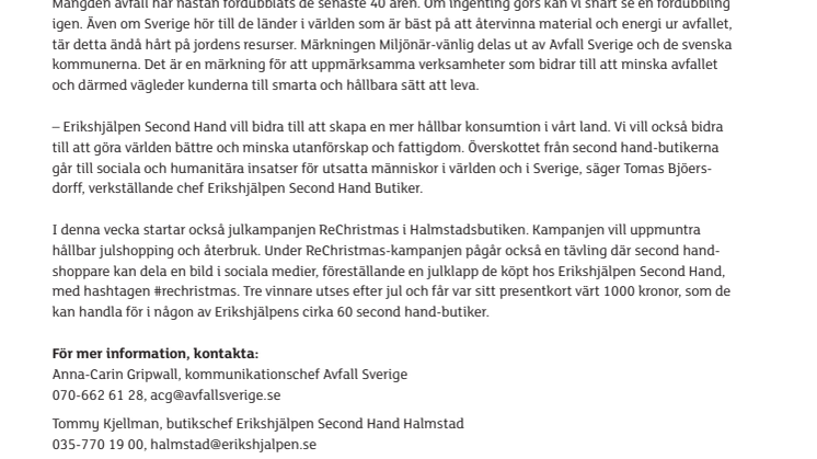 Erikshjälpen Second Hand i Halmstad blir Miljönär-märkt