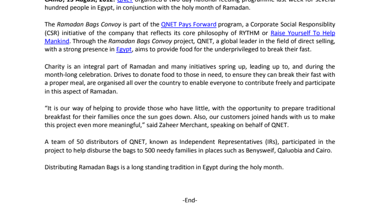 QNET’s ‘Ramadan Bags Convoy’ initiative feeds thousands across Egypt 