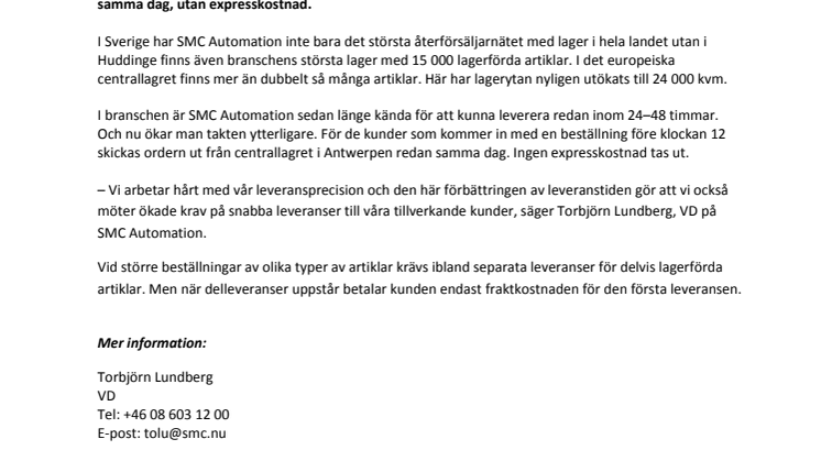 SMC Automation ökar takten i sina leveranser