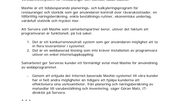 Servera erbjuder webbaserat kostplaneringsprogram via Mashie