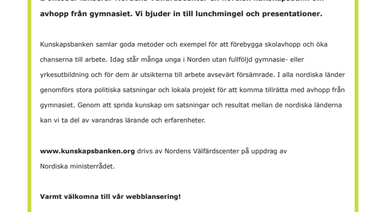 Webblansering - nordisk kunskapsbank om skolavhopp