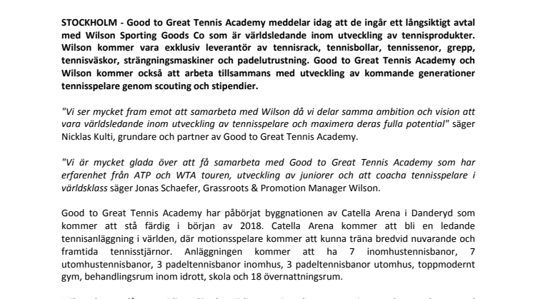 Good to Great Tennis Academy och Wilson ingår samarbete