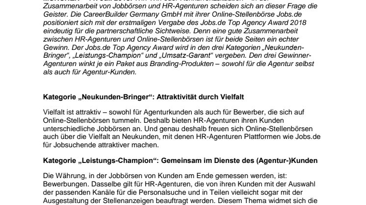 Jobs.de Top Agency Award 2018: CareerBuilder kürt erstmals die besten HR-Agenturen Deutschlands