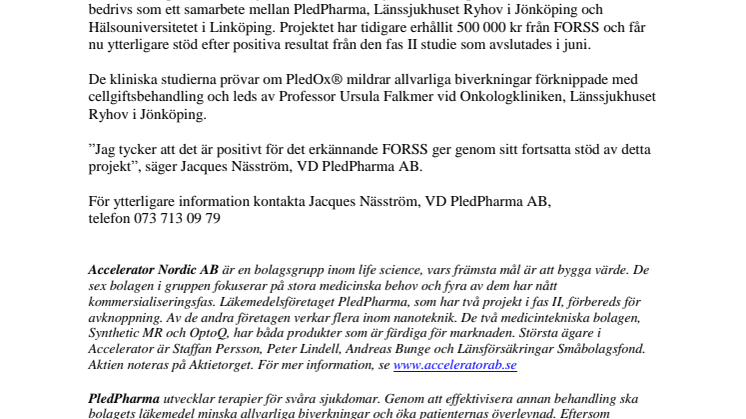 PledPharma erhåller forskningsstöd