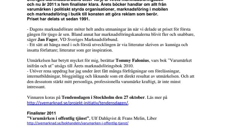Årets marknadsföringsbok 2011: FEM FINALISTER KLARA