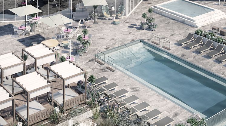 Visualisering över nytt terrassområde, projekterat av Dreem 