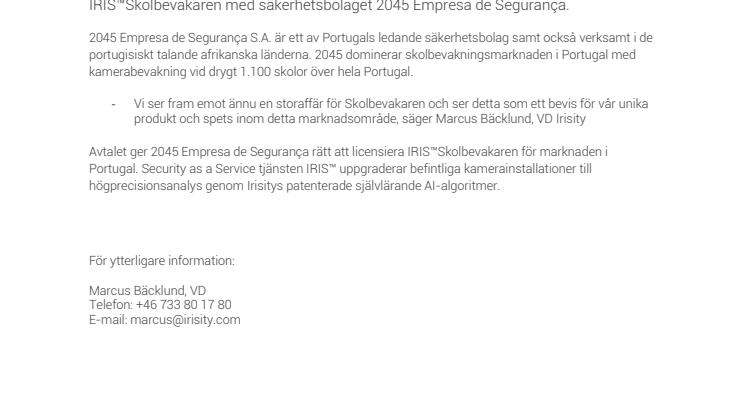 Irisity inleder samarbete med säkerhetskoncernen 2045 Segurança i Portugal