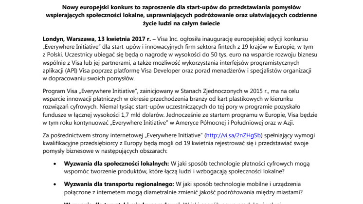 Start pierwszej europejskiej edycji programu Visa „Everywhere Initiative” początkiem rywalizacji o 50 tys. euro