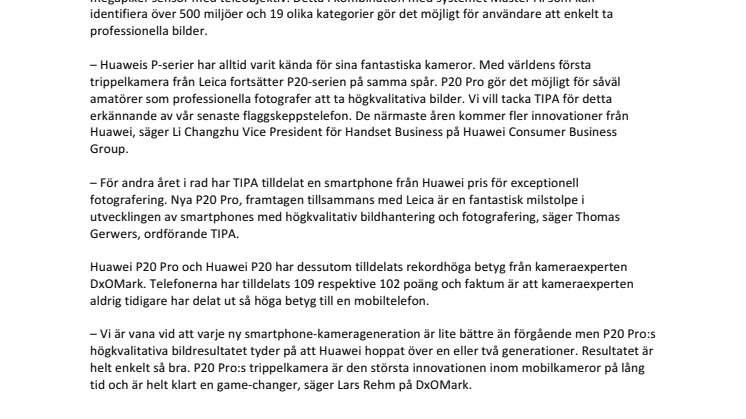  Huawei P20 Pro tilldelas pris av TIPA 