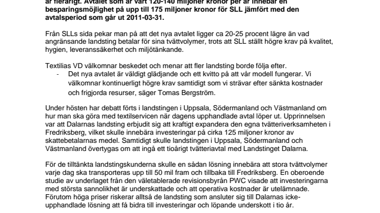 Tvättupphandling sparar upp till 175 miljoner kronor i Stockholms Läns Landsting 