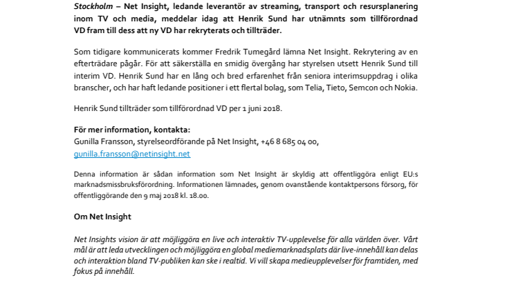 Net Insight tillsätter interim VD