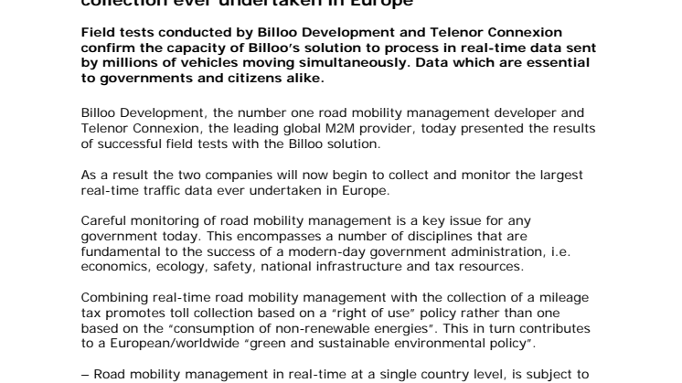 Billoo Development and Telenor Connexion join forces to begin the testing of the largest real-time traffic data collection ever undertaken in Europe