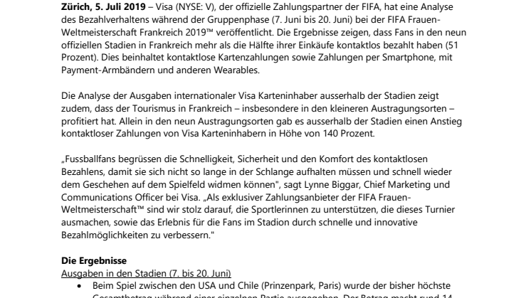 Kontaktloses Bezahlen mit Visa punktet bei der  FIFA Frauen-Weltmeisterschaft Frankreich 2019™