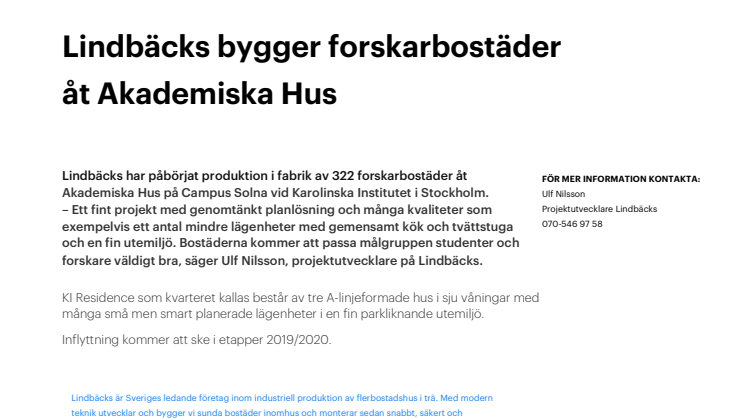 Lindbäcks bygger forskarbostäder åt Akademiska Hus i Solna
