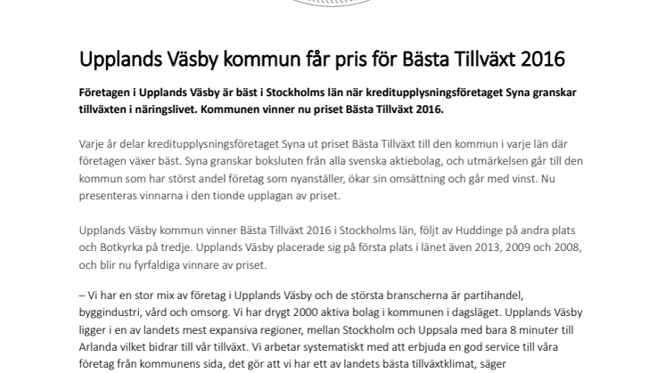 Upplands Väsby kommun får pris för Bästa Tillväxt 2016