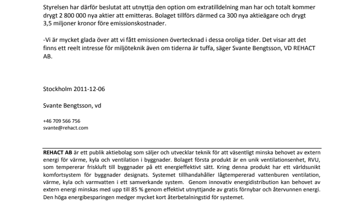REHACTs nyemission övertecknad