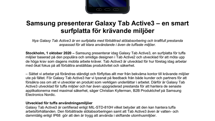 Samsung presenterar Galaxy Tab Active3 – en smart surfplatta för krävande miljöer