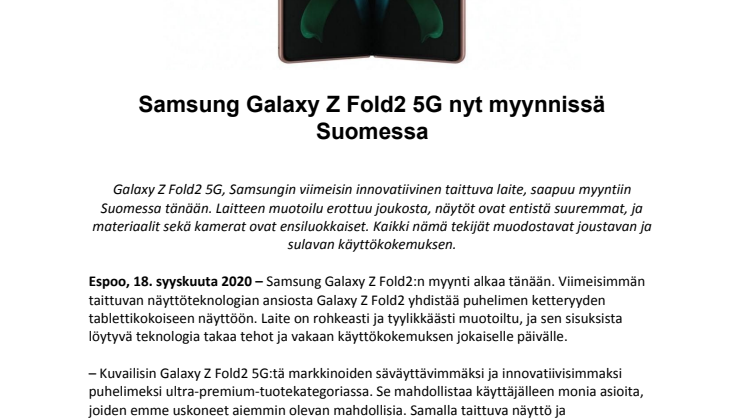 Samsung Galaxy Z Fold2 5G nyt myynnissä Suomessa