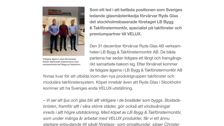 Ryds Glas förvärvar LB Bygg & Takfönstermontör AB 