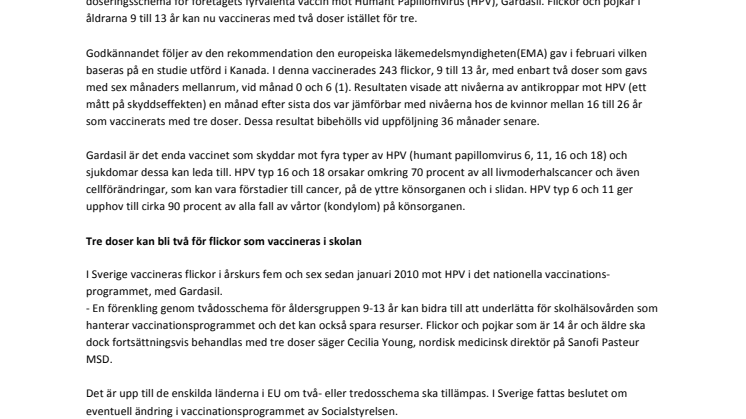 Gardasil godkänt i EU med tvådosschema för flickor och pojkar 9-13 år 