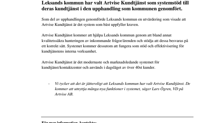 Artvise AB får order av Leksands kommun gällande Artvise Kundtjänst! 
